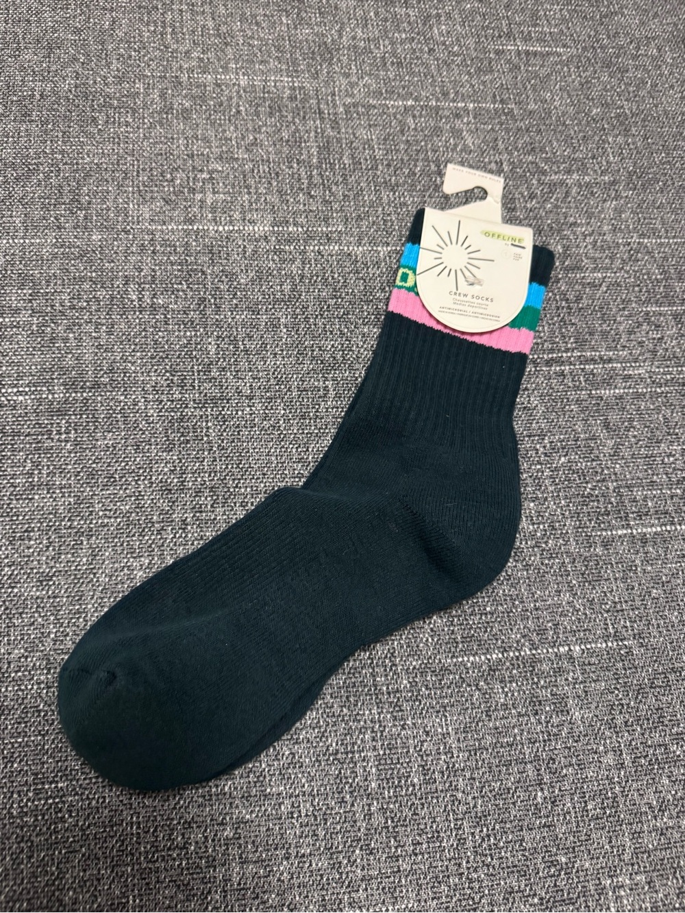 Aerie Black Crew Socks with Pink and Blue Stripes